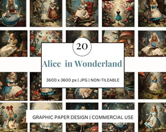 Könnte beinhalten: Eine Sammlung von 20 digitalen Kunstdrucken mit Szenen aus "Alice im Wunderland". Die Bilder zeigen Alice in verschiedenen Umgebungen, mit lebendigen Farben und skurrilen Details. Der Text "Alice in Wonderland" wird zusammen mit den Abmessungen und Nutzungsinformationen angezeigt.