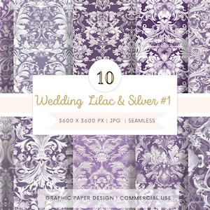 Papel digital SEM EMENDA - Elegantes designs de casamento lilás e prata nº 1 - 10 padrões para scrapbooking, web design - impressão sob demanda!
