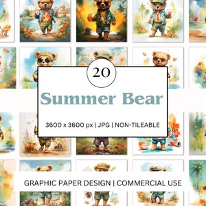 Scrapbook Paper Pack 12x12 | SUMMER BEAR | 20 Digital Papers | Printable Craft Backgrounds | Instant Download JPG