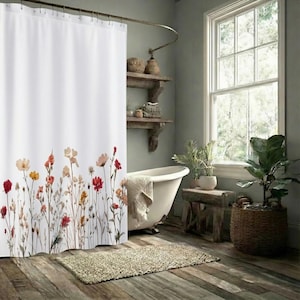 Stylized Boho Wildflower Shower Curtain | Wildflowers in Maroon and Mustard Yellow, Minimalist Flower Border Bathroom Decor
