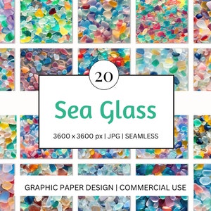 May include: A collection of 20 seamless sea glass patterns in various colors, including blue, green, yellow, pink, and purple. The image includes the text "Sea Glass" and details about the image size and commercial use.