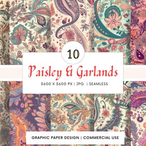 Papel digital SEAMLESS - Paisley & Garlands - 10 designs - - Impressão sob demanda - Scrapbooking - Projetos DIY - Web Design