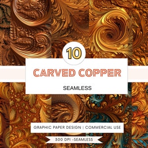 May include: A set of 10 digital paper designs featuring intricate carved copper patterns in warm gold and brown tones. The designs are seamless and perfect for crafting projects, scrapbooking, and digital art.