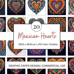 May include: Twenty digital illustrations of colorful Mexican hearts with intricate floral designs. Each heart is 3600 x 3600 pixels and is a JPG file. The images are not tileable.  GRAPHIC PAPER DESIGN | COMMERCIAL USE