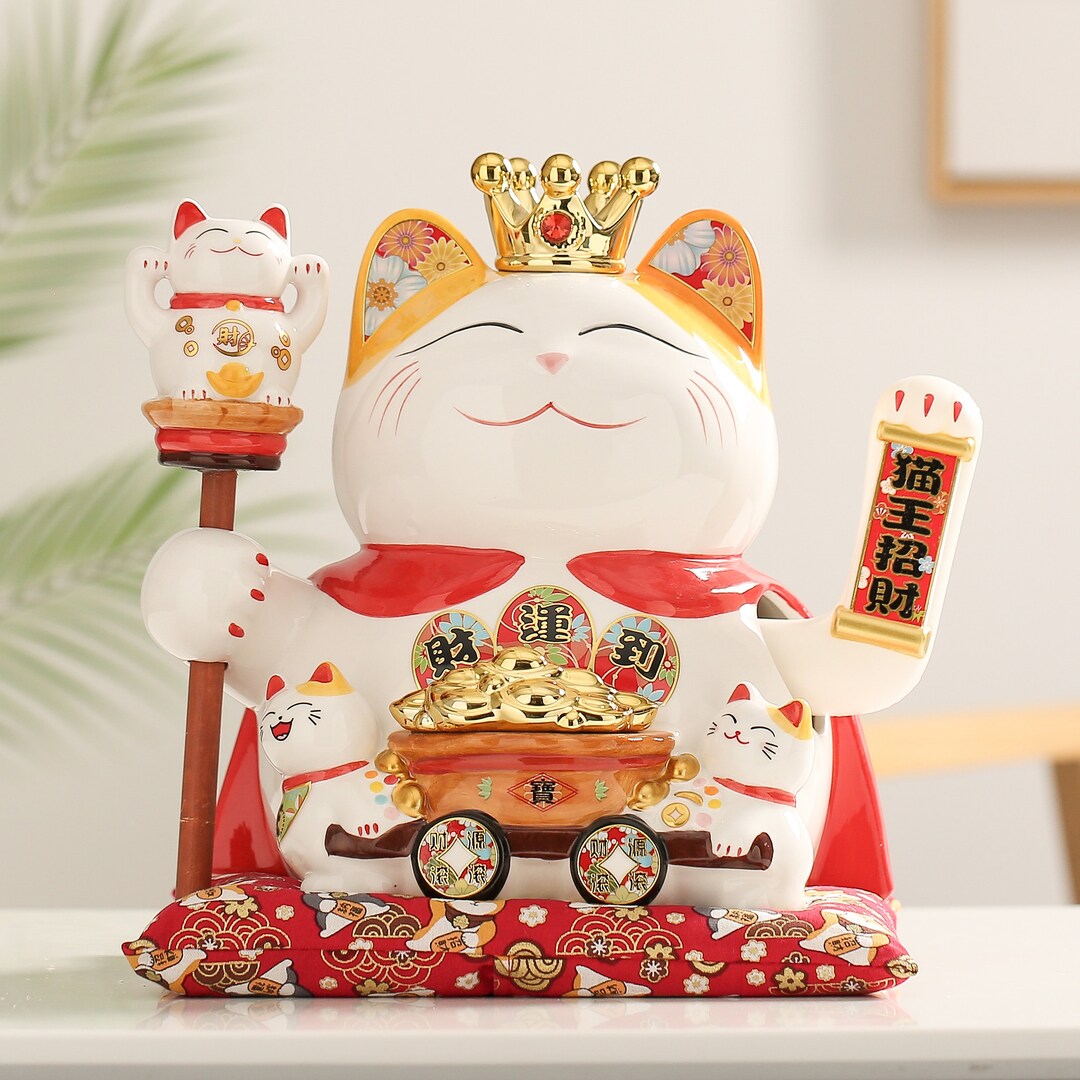 2in Solar Powered Waving Arm Lucky Cat Ornament Welcoming Waving Hand Wealth Fortune Cat Black