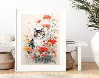 Korean Flower Cat Art Print: Minhwa Inspired Wall Decor (Digital Download)