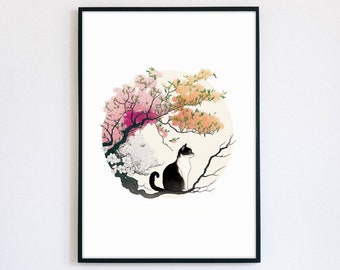 Korean Minhwa Cat Print: Folk Art Flowers (Digital Download)