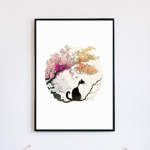 Korean Minhwa Folk Inspired Home Decor Wall Art Cat & Flowers | Traditional Painting | Prints Wall Art | Korea Folk Painting Minhwa