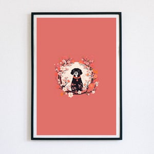 Traditionelle koreanische Minhwa Folklore Inspiriert Wohnkultur Wandkunst Hund & Blumen | Wohnzimmer Druck | Digitaler Download | Druckbare Wandkunst