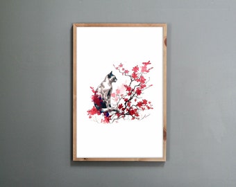 Korean Minhwa Cat & Flowers Print: Folk Art Wall Decor (Digital Download)