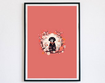 Korean Minhwa Dog Print: Traditional Folk Art, Floral Decor (Digital Download)
