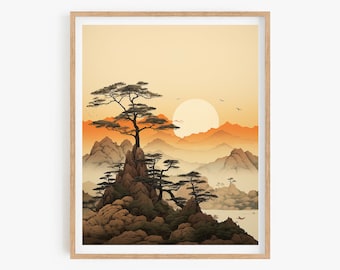 Korean Mountain Sunset Art Print: Asian Minhwa Style Wall Poster