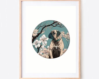 Minhwa Dog & Flowers Print: Korean Folk Art, Living Room Decor (Digital Download)