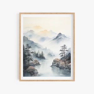 Mountain Scenery Poster, Korean Art Wall, Watercolor Poster, Wall Decor Asian Style, Watercolor Asian Painting