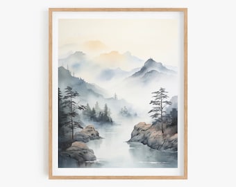 Mountain Scenery Poster, Korean Art Wall, Watercolor Poster, Wall Decor Asian Style, Watercolor Asian Painting