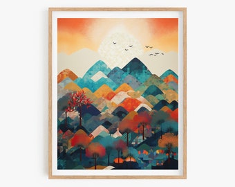 Korean Mountain Art Print: Colorful Asian Landscape Wall Poster