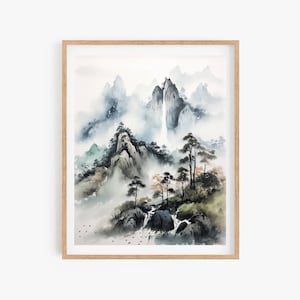 Mountain Wall Poster, Korean Art Wall, Watercolor Poster, Wall Decor Asian Style, Korean Minhwa Inspired Painting Poster