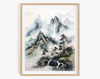 Mountain Wall Poster, Korean Art Wall, Watercolor Poster, Wall Decor Asian Style, Korean Minhwa Inspired Painting Poster