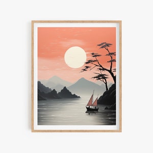 Korean Art Wall, Wall Decor Asian Style, Korean Painting Minhwa Inspired Korean, Traditional Boat Sailing, Calm