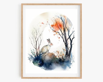 Rabbit Watercolor Print: Korean Minhwa Art Poster