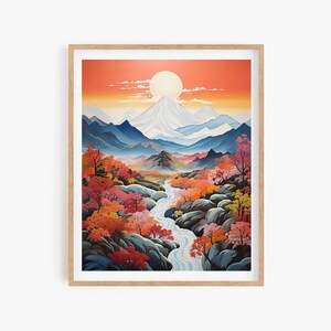 Abstract Korean Art Wall, Nature and Mountain Poster, Wall Decor Asian Style, Korean Painting Minhwa Inspired