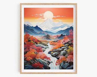 Korean Art Print: Abstract Mountain Landscape, Asian Style Wall Decor