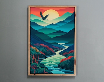 Korean Folk Art Print: Colorful Forest Landscape (Digital Download)