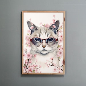 Dipinto coreano ispirato a Minhwa, arte murale coreana, gatto e occhiali da sole, stampa murale coreana, decorazione murale con gatto coreano, stile asiatico