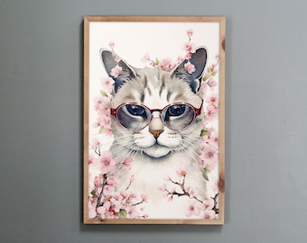 Korean Cat Art Print: Minhwa Inspired, Cat with Sunglasses (Digital Download)