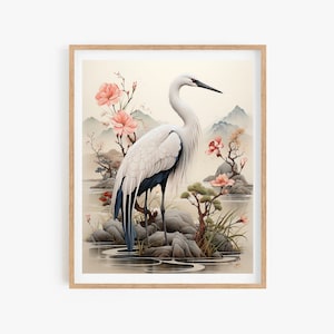 Korean Art Wall, Crane and Nature Poster, Wall Decor Asian Style, Korean Painting Minhwa Inspired
