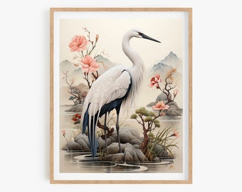 Korean Crane Art Print: Asian Style Wall Decor, Minhwa Inspired