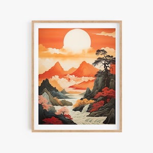 Korean Art Wall Poster, Scenery, Mountain, Nature, Wall Decor Asian Style, Korean Painting Minhwa Inspired