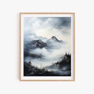 Mountain Korean Art Wall Poster, Wall Decor Asian Style, Traditional Korean Minhwa Inspired Brush Painting