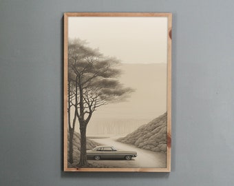 Korean Minhwa Art Print: Vintage Car Landscape (Digital Download)