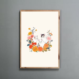 koreanische traditionelle Minhwa Folk inspiriert Wohnkultur Wandkunst Katzen & Blumen | Wohnzimmer Poster | Digitaler Download | Druckbare Kunst