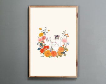 Stampa del gatto coreano Minhwa: decorazione floreale per la casa in stile folk (download digitale)