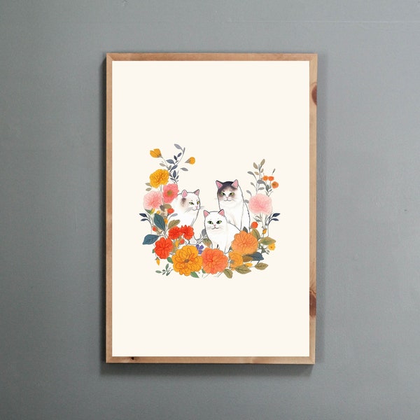 Korean Traditional Minhwa Folk Inspired Home Decor Wall Art Cats & Flowers | Living Room Print | Digital Download | Printable Wall Art