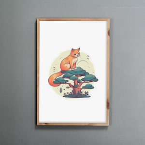 Korean Wall Art, Minhwa inspired Korean wall decor, Korean art print, Korean Traditional, home decor, cat and pine tree comic theme