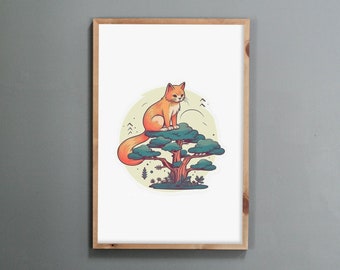Minhwa Cat and Pine Tree Print: Korean Wall Art (Digital Download)
