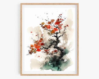 Korean Minhwa Tree Art Print: Traditional Folk Watercolor (Digital Download)