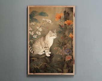Korean Minhwa Folk Art Printable | Cats & Flowers Wall Decor | Traditional Korean Digital Download | Living Room Art | Asian Style Poster