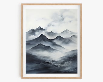 Korean Minhwa Art Print: Black Ink Mountain Scene