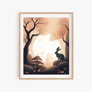 Korean Art Wall Poster, Rabbit Poster, Asian Style Wall Decor, Korean Painting Minhwa Inspired Cat Painting