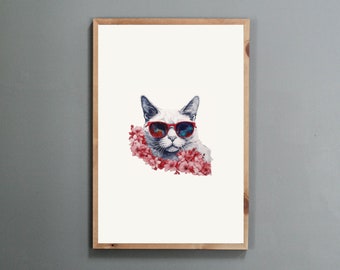Korean Minhwa Cat Print: Folk Art Flowers (Digital Download)