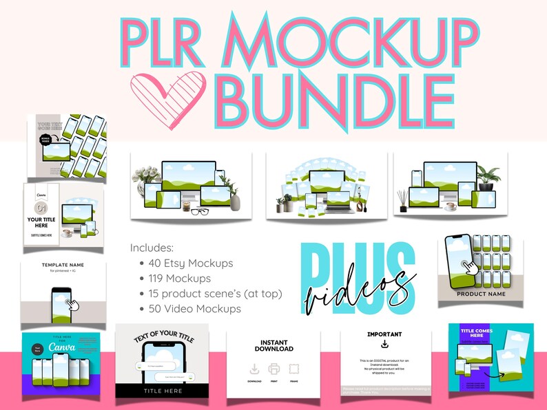 May include: A digital product bundle with the text "PLR MOCKUP BUNDLE" in pink and blue. The image includes mockups of various devices, including phones, tablets, and laptops. The bundle includes 40 Etsy mockups, 119 mockups, 15 product scenes, and 50 video mockups.