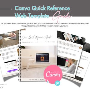Pode incluir: Um guia com o texto "Canva Quick Reference Guide" e "Step by Step Quick Guide to Canva Web Templates". O guia é feito no Canva e tem um logotipo "Made in Canva" rosa e branco. O guia é um guia passo a passo para usar os modelos de site da Canva.