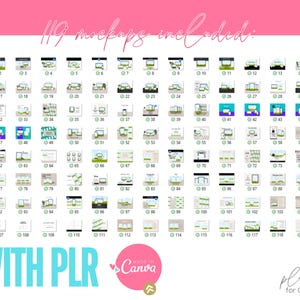 May include: An image showcasing 119 mockups of digital devices, such as laptops and phones, arranged in a grid. The image includes the text "WITH PLR" and a "Made in Canva" logo, set against a pink backdrop.
