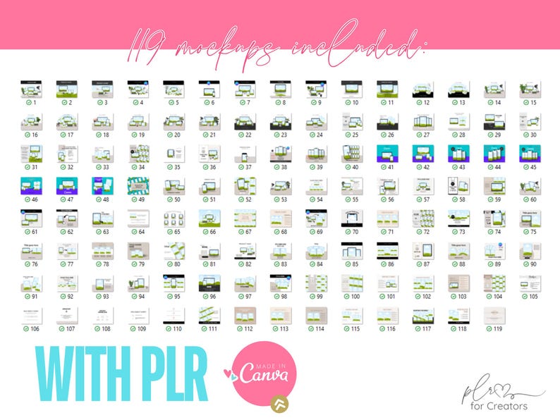 May include: An image showcasing 119 mockups of digital devices, such as laptops and phones, arranged in a grid. The image includes the text "WITH PLR" and a "Made in Canva" logo, set against a pink backdrop.