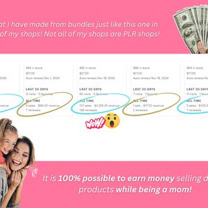May include: A screenshot of a computer screen showing a website with a pink background. The website shows a testimonial about selling digital products online. The testimonial includes a chart showing the number of sales and revenue generated from a product. The chart shows that the product has generated over $2,000 in revenue. The testimonial also includes a quote that says "It is 100% possible to earn money selling digital products while being a mom!"