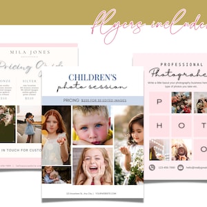 K&ouml;nnte beinhalten: Drei Flyer f&uuml;r einen professionellen Fotografen. Der erste Flyer ist rosa und wei&szlig; mit dem Text "MILA JONES PHOTOGRAPHY" und "Preisliste". Der zweite Flyer ist blau und wei&szlig; mit dem Text "KINDERS FOTOSESSION" und "PREIS 200 &euro; F&Uuml;R 30 BEARBEITETE BILDER". Der dritte Flyer ist rosa und wei&szlig; mit dem Text "PROFESSIONELLER FOTOGRAF" und "Schreiben Sie hier einen kurzen Text &uuml;ber Ihr Fotogesch&auml;ft. Welche Art von Fotos machen Sie usw.".